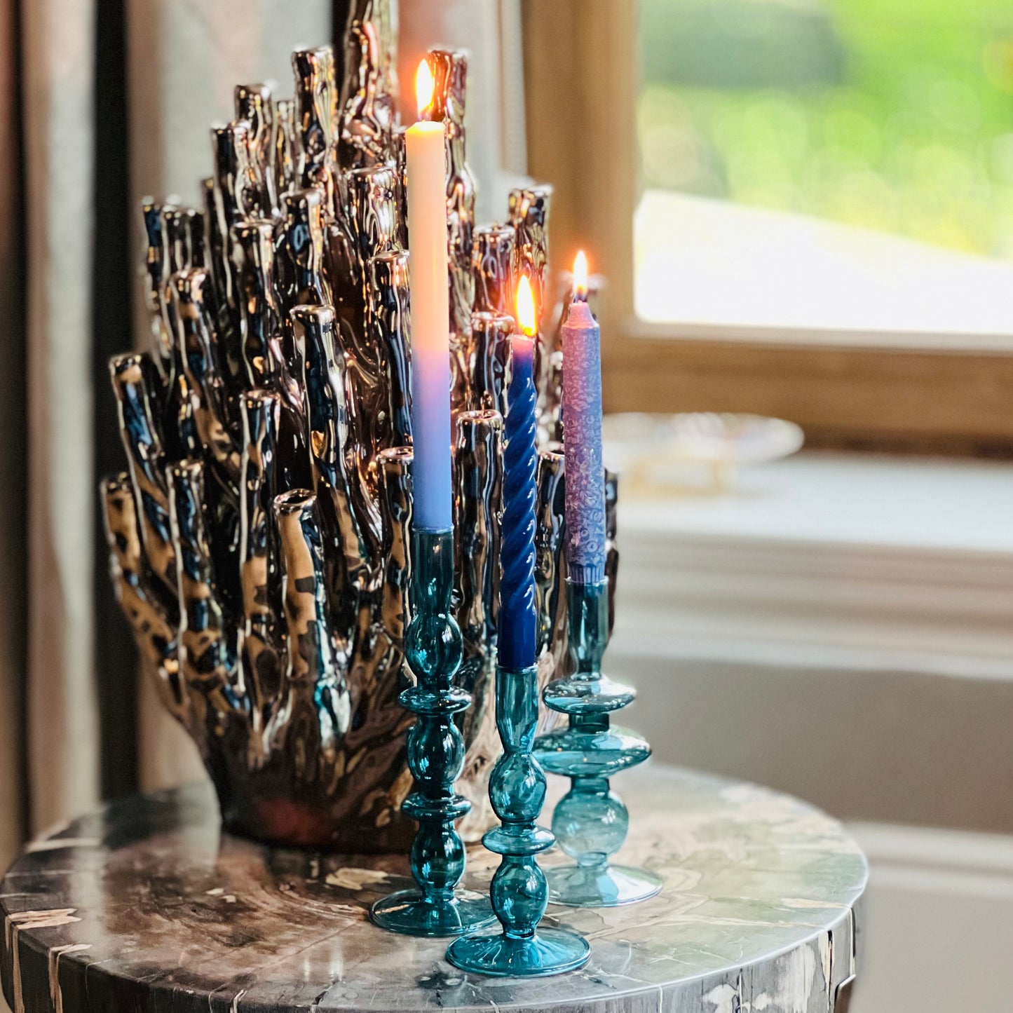 Glazen Kaarsenhouder Rings - Blauw (M)