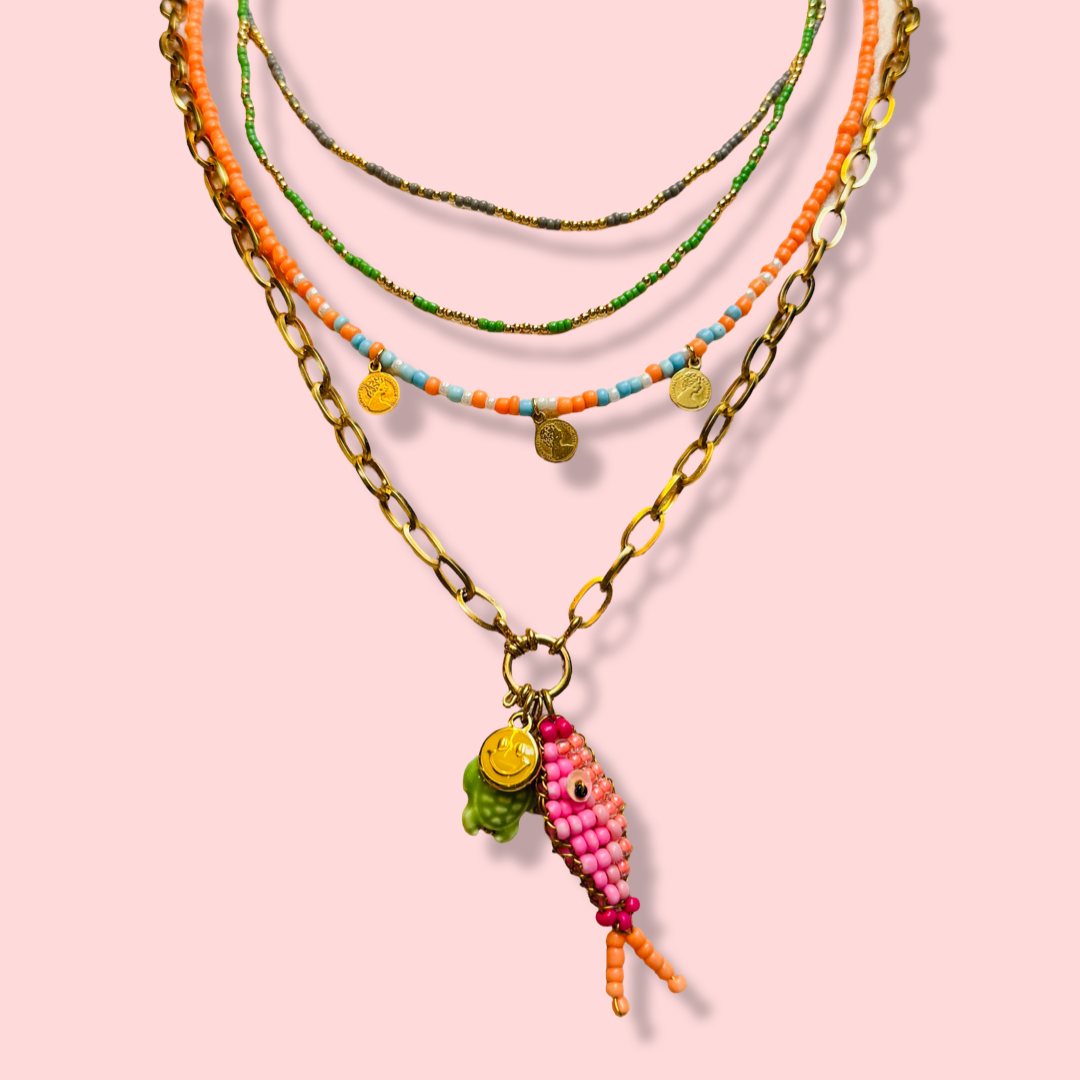 Ketting Goud met Kralen Vis Bedel (Kleur Vis naar Keuze)